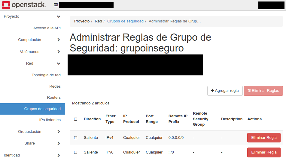 OpenStack. Regras por defecto do grupo de seguridade