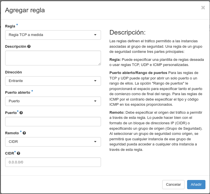 OpenStack. Agregar regra