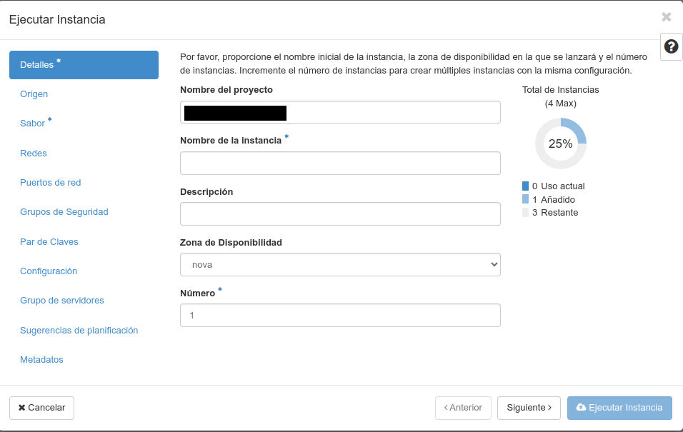 OpenStack. Paso: 1. Nome da instancia, número de instancias a lanzar