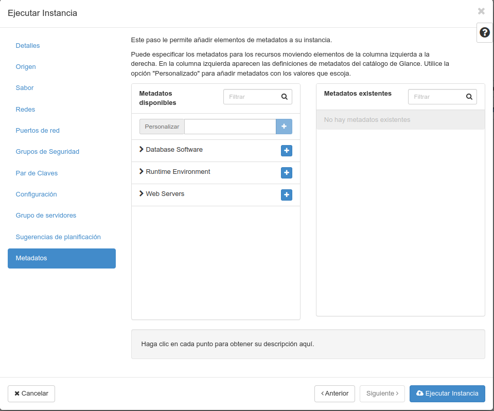 OpenStack. Paso: 11. Metadatos e executar instancia
