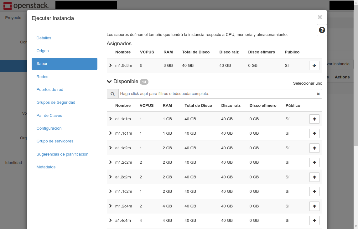 OpenStack. Paso: 3. Sabor da instancia (recursos)