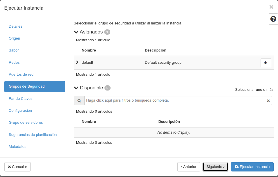 OpenStack. Paso: 6. Grupos de seguridade