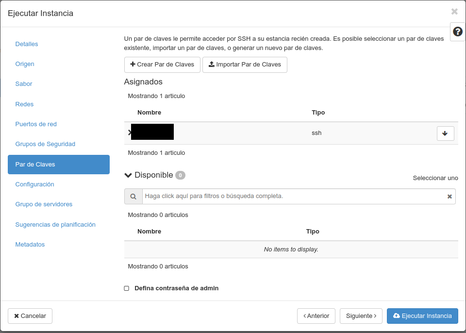 OpenStack. Paso: 7. Autenticación. Elexindo o par de chaves