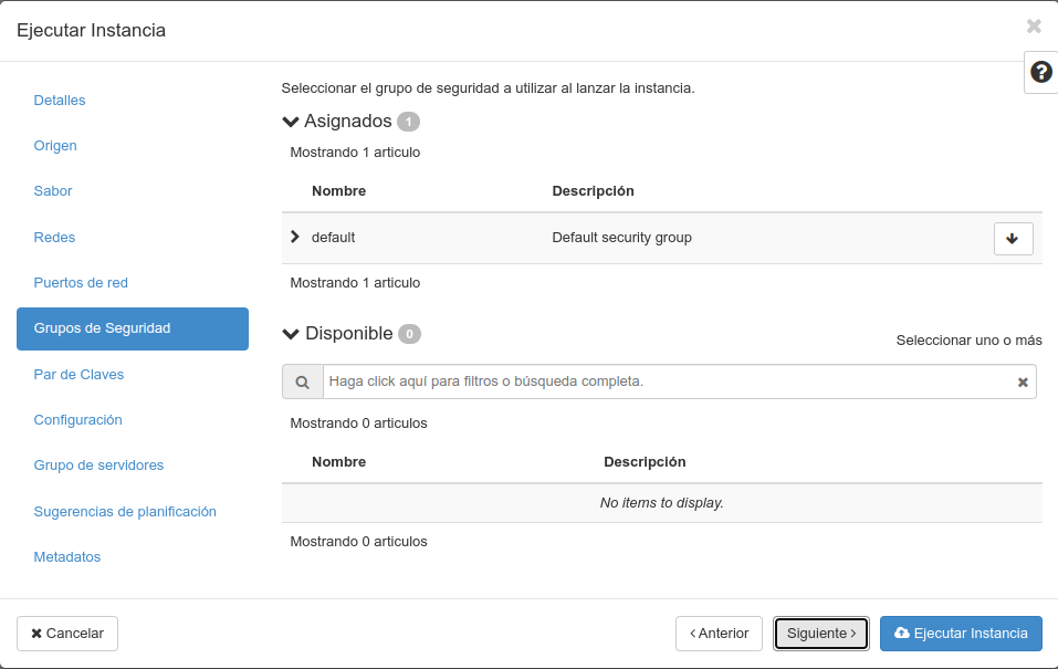 OpenStack. Nova instancia. Grupos de Seguridade