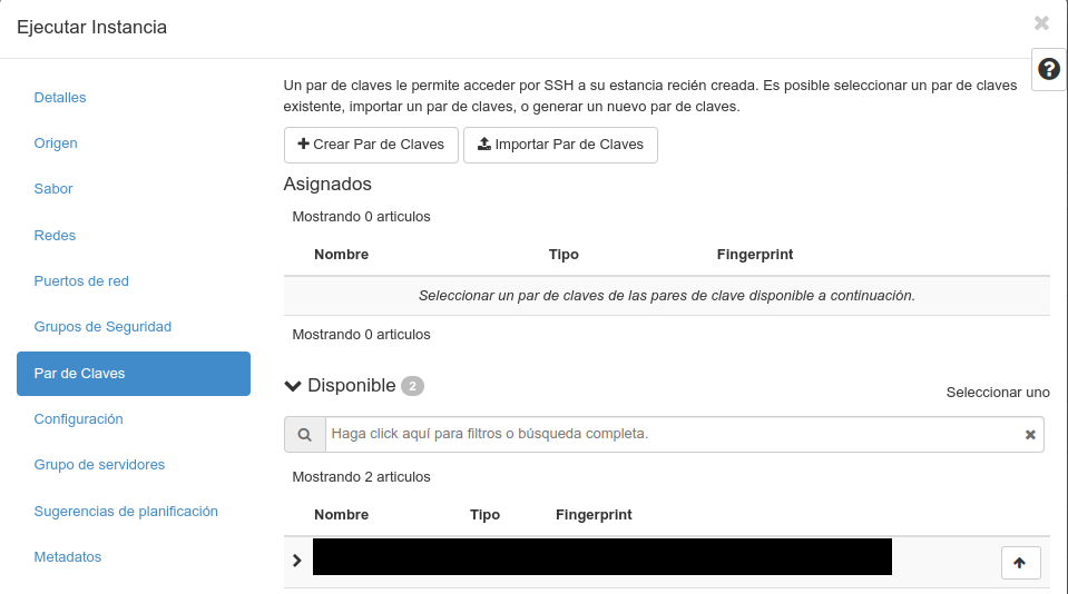 OpenStack. Nova instancia. Par de Chaves