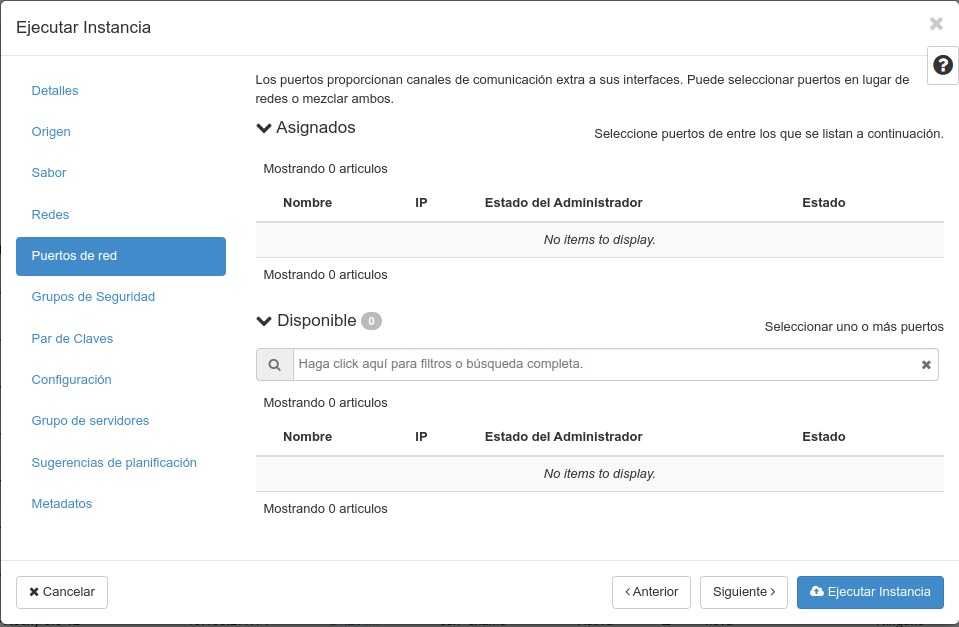 OpenStack. Nova instancia. Portos de Rede