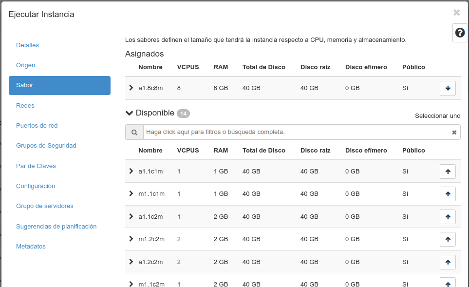 OpenStack. Nova instancia. Sabor