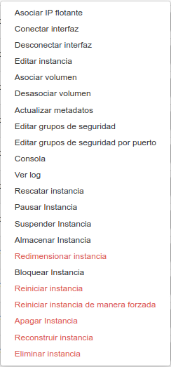 OpenStack. Menú de instancia