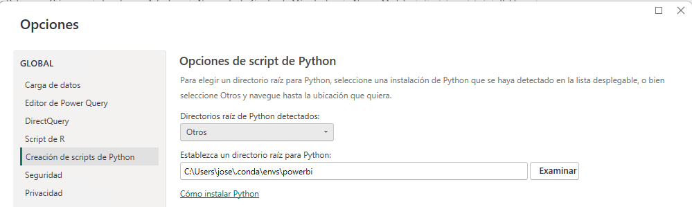 Power BI selección de instalación de Python